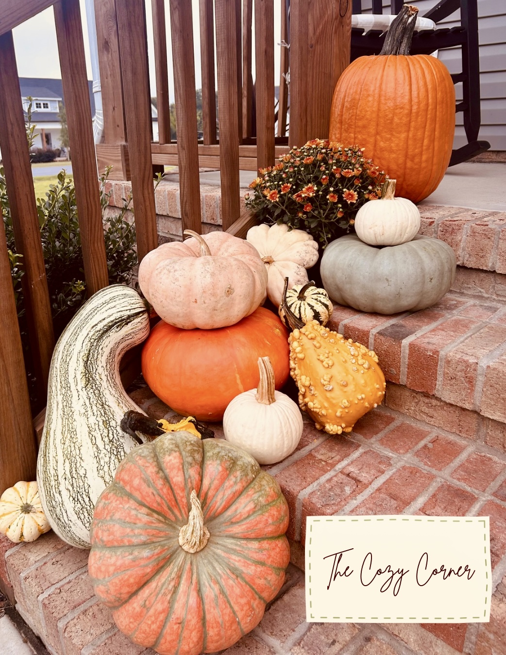 Close-up of specialty pumpkins, gourds, and a mum arranged on brick steps